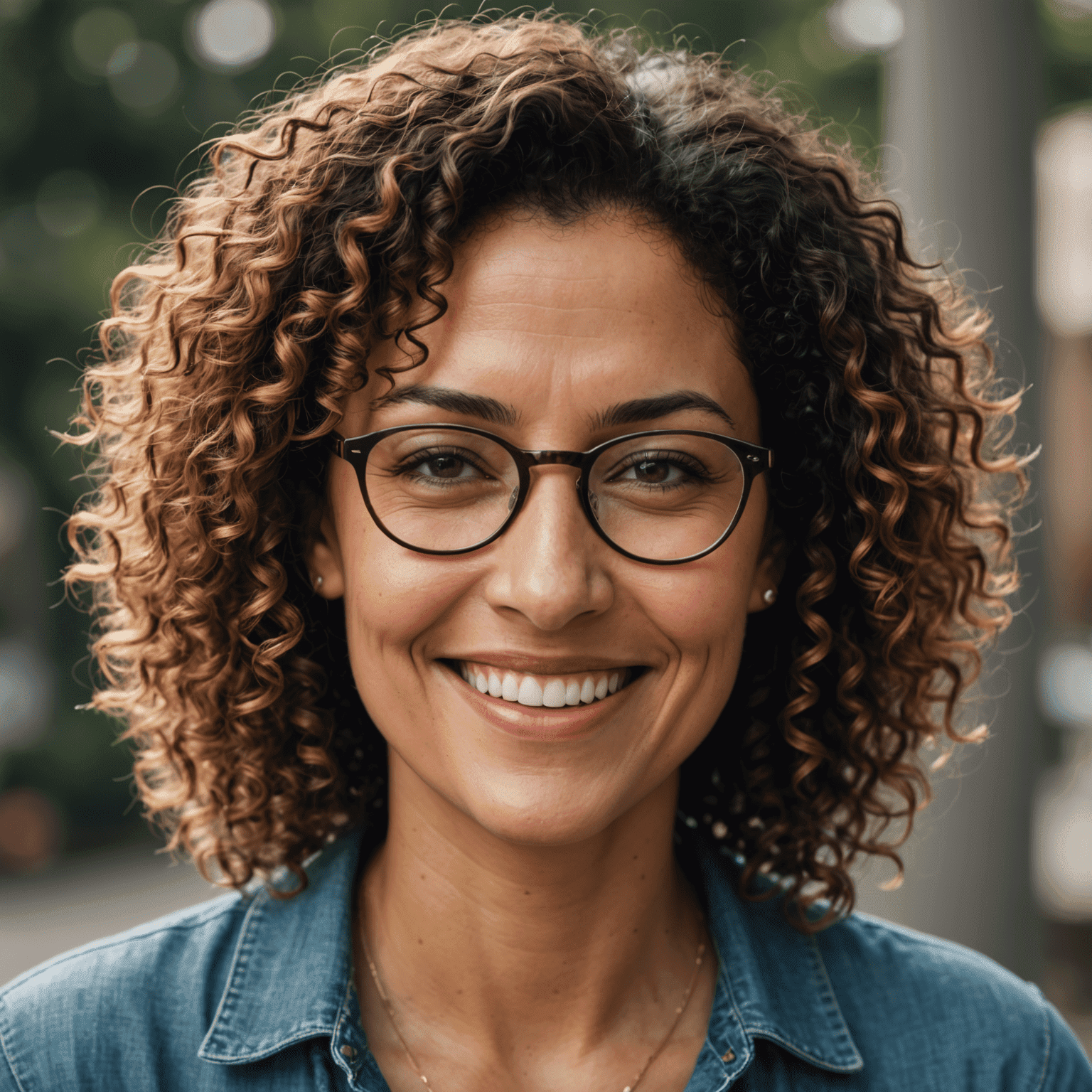 Portrait of Maria Silva, a woman in her 30s with curly hair and glasses, smiling warmly at the camera