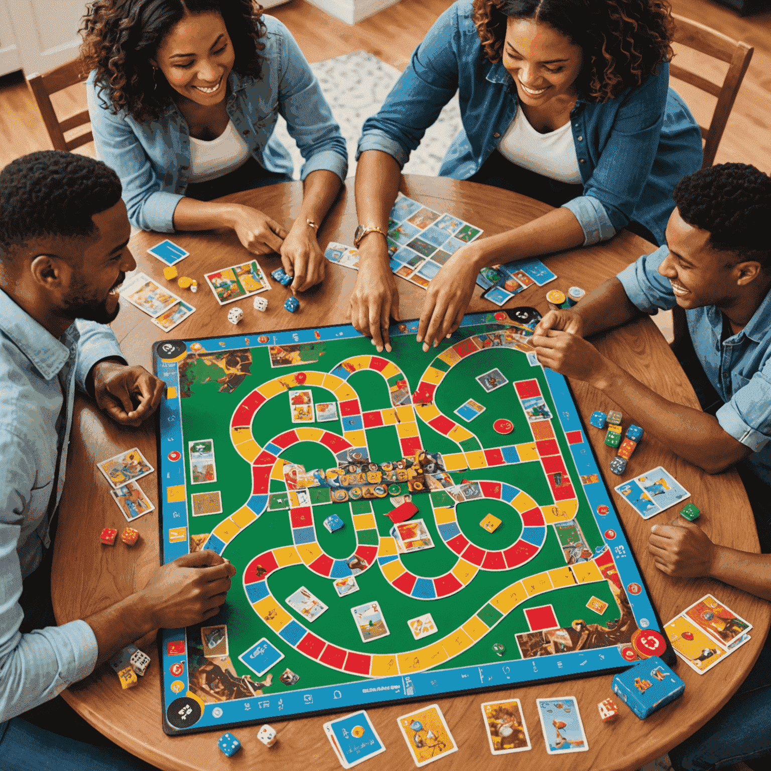 A group of diverse family members gathered around a table, playing a colorful board game with excitement. The image showcases various game pieces, cards, and a game board with vibrant designs.