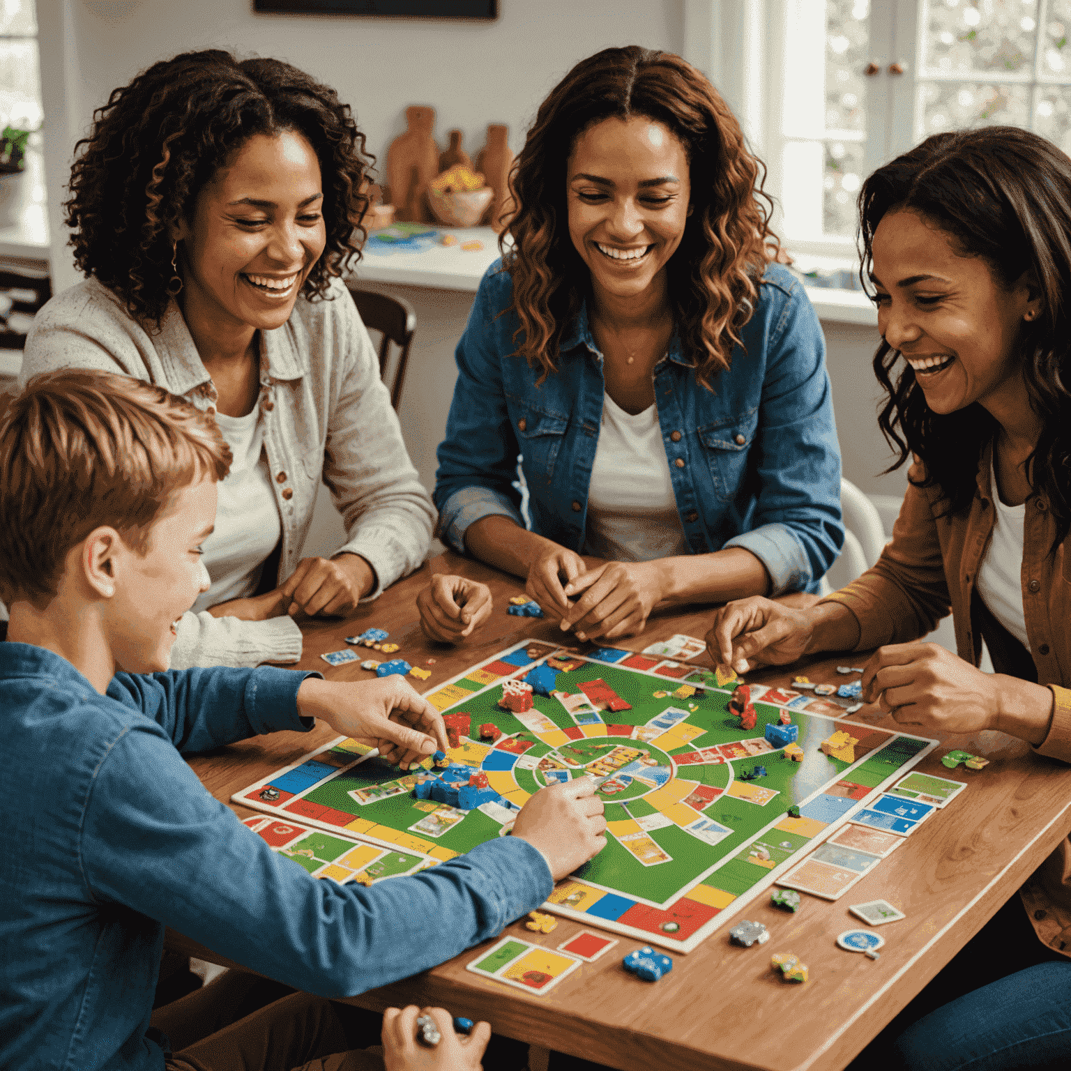 A group of family members laughing and playing a colorful board game on a table, with game pieces and cards scattered around