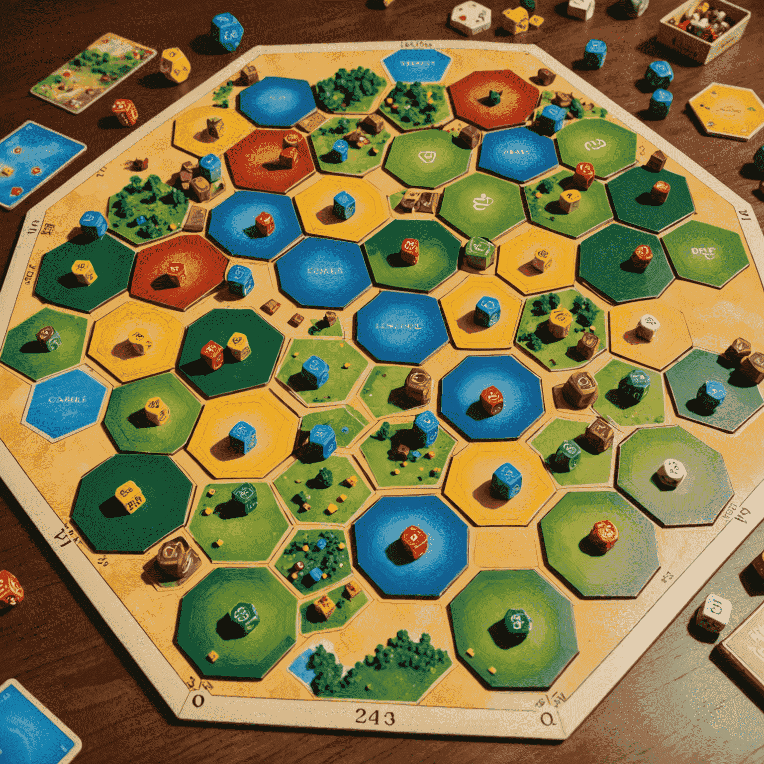 Catan board game setup with hexagonal tiles representing different resources, player pieces, and dice