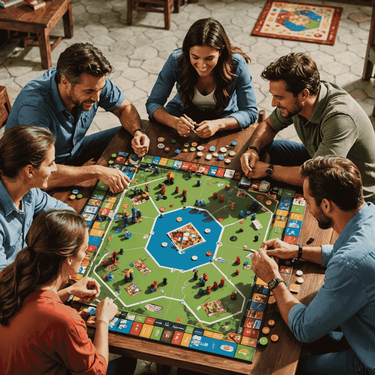 A group of Portuguese friends gathered around a table, engrossed in a complex strategy board game. The image showcases a variety of colorful game pieces, cards, and a large game board with intricate designs. The players' expressions are focused and excited, highlighting the engaging nature of strategy games.