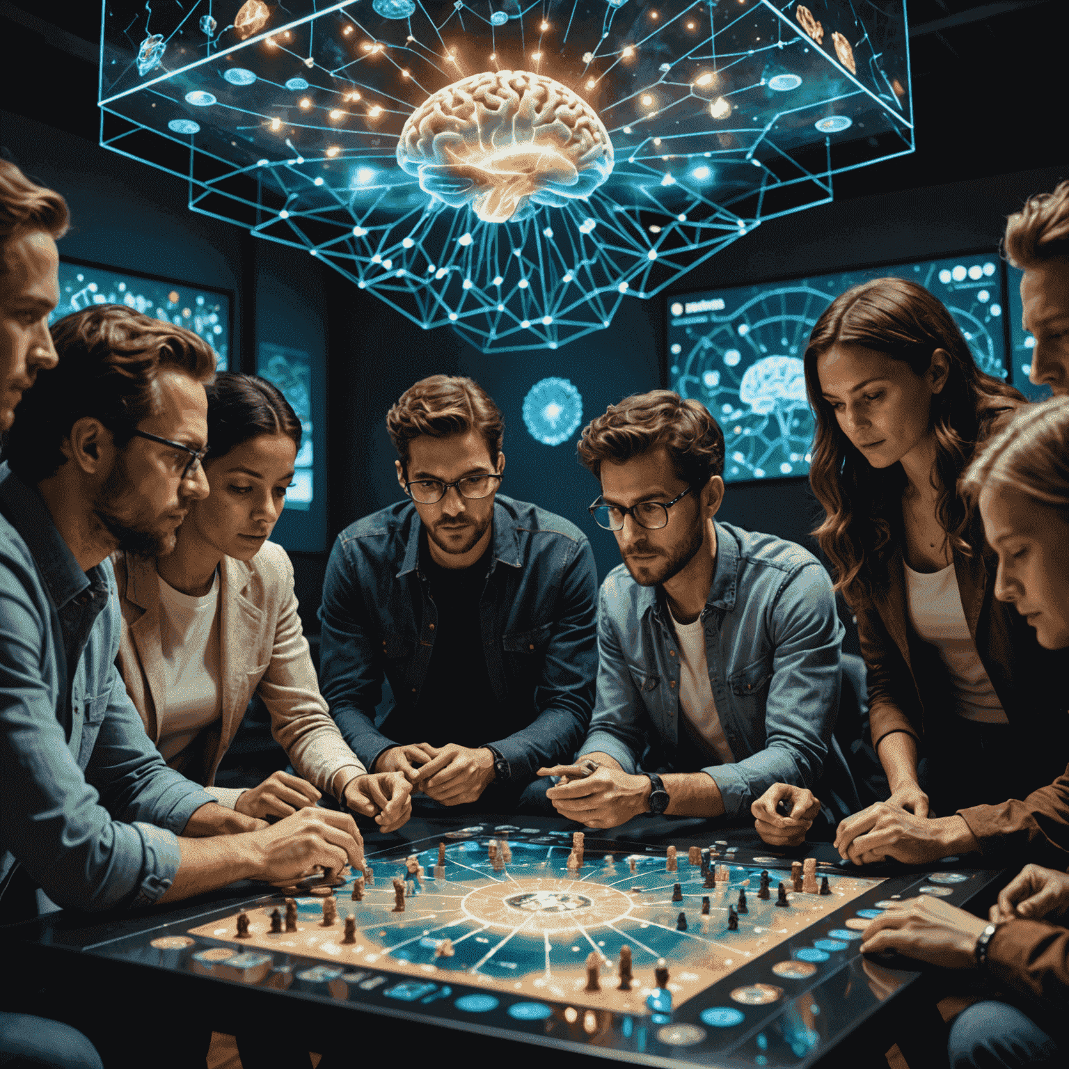 A group of diverse people playing an intricate strategy board game, with holographic projections of brain activity floating above the game board, showcasing the cognitive engagement.