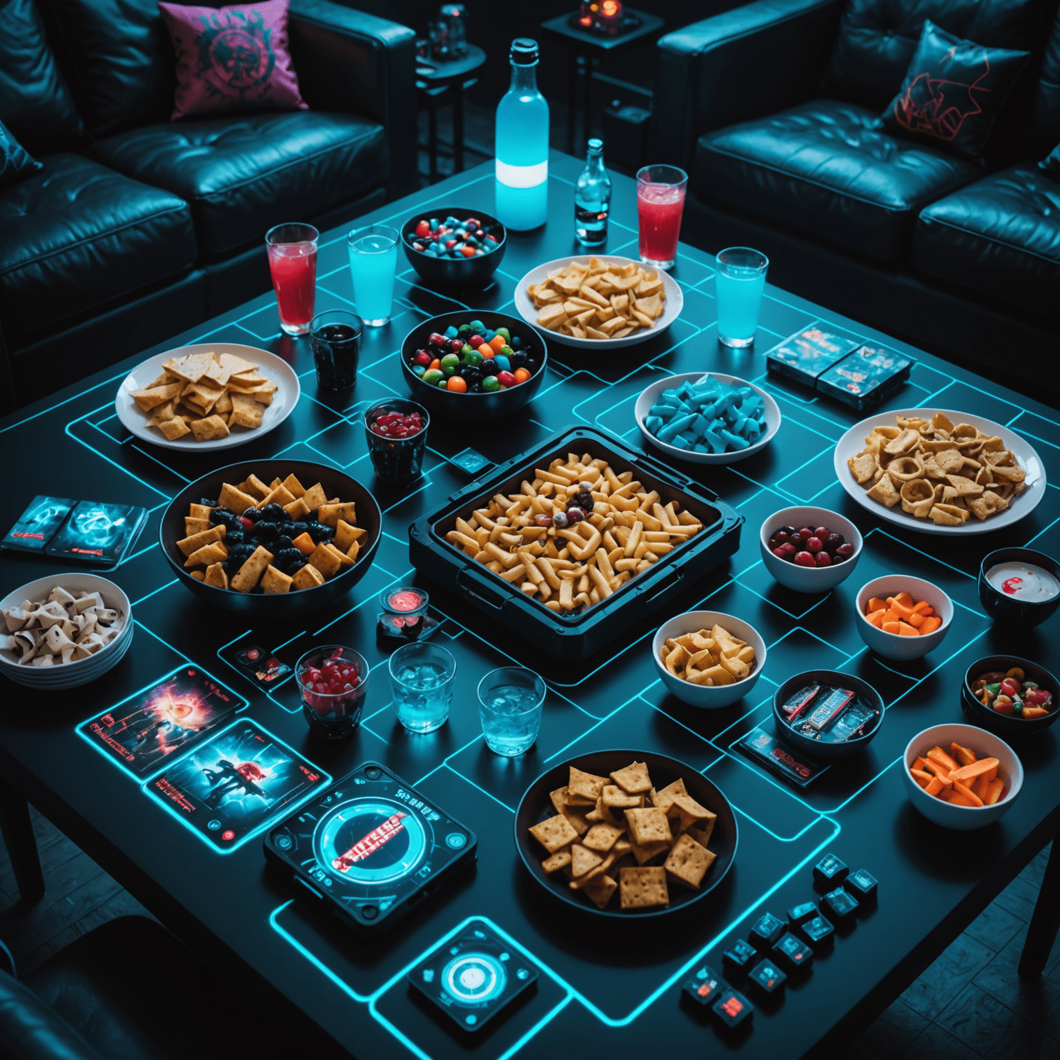 A table set up for a board game night, with various games, snacks, and drinks arranged in an inviting manner. The image has a cyberpunk aesthetic with neon blue accents.