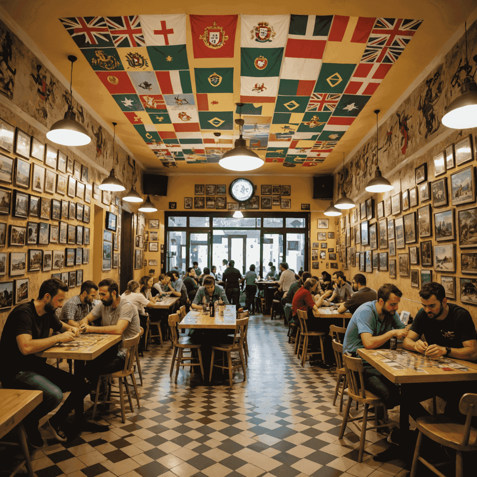 A panoramic view of a bustling game cafe in Lisbon, Portugal. The image shows multiple tables with people engrossed in various strategy board games. Portuguese flags and traditional azulejo tiles decorate the walls, blending local culture with modern gaming.