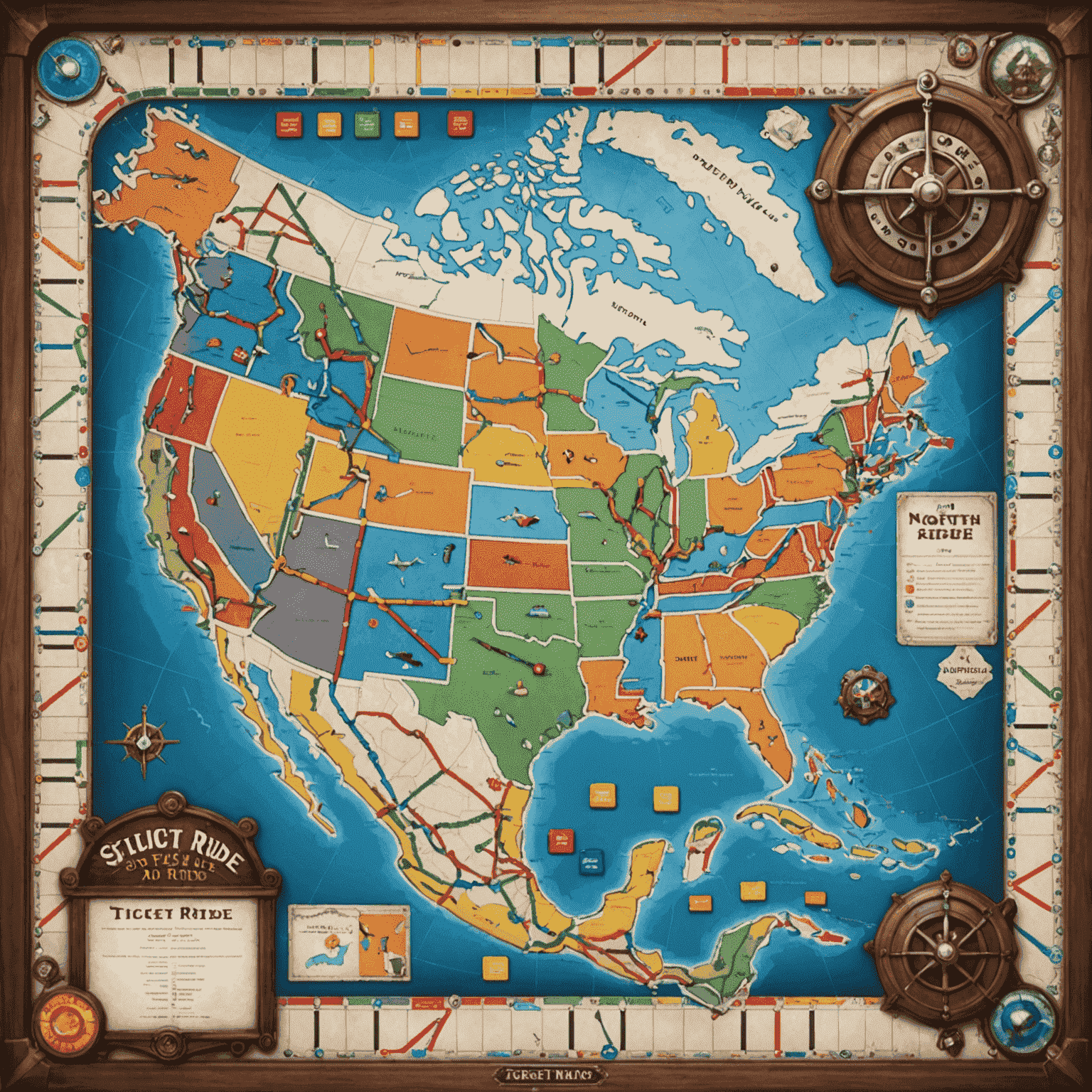 Ticket to Ride game board featuring a map of North America with colorful train routes and player pieces