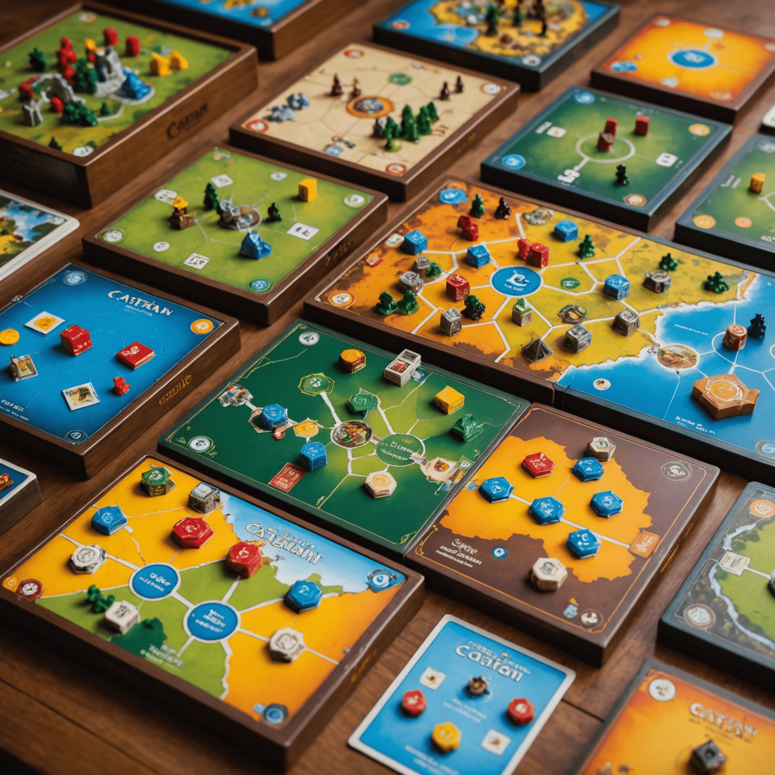 A collection of popular strategy board games displayed on a wooden table. The image features games like Catan, Ticket to Ride, and Carcassonne, along with some locally designed Portuguese games. The games' colorful boxes and components are arranged artfully, showcasing the variety and appeal of modern strategy games.