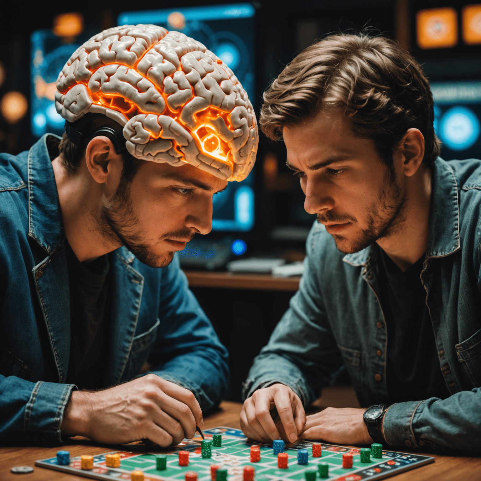 A split-screen image showing a person's brain scan lighting up while playing a complex board game, juxtaposed with the same person solving a real-world problem, illustrating the transfer of skills.