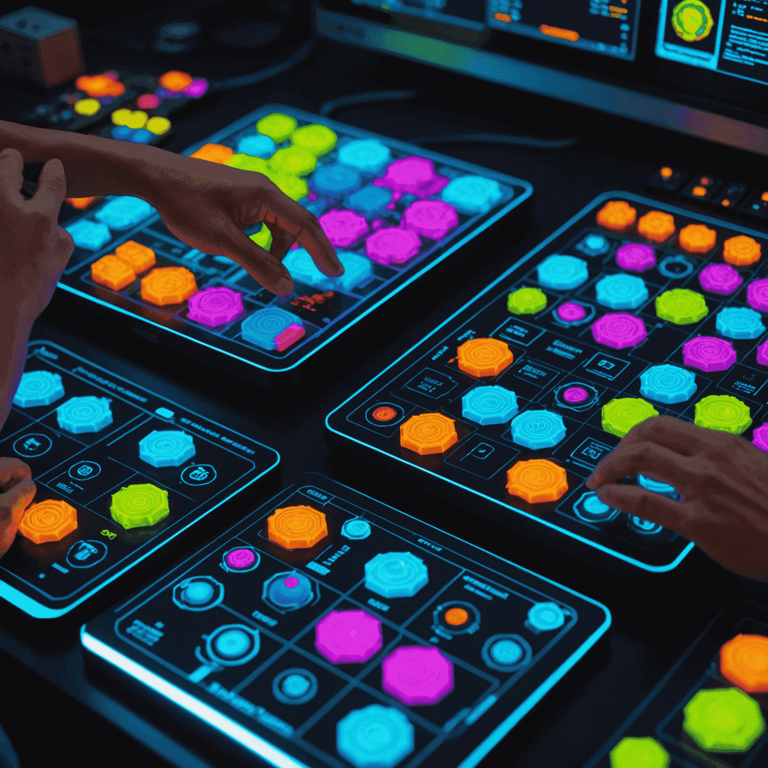 A split-screen image: on one side, a close-up of a person's hands moving game pieces on a complex strategy board; on the other side, a brain scan showing active regions lit up in neon colors, representing cognitive engagement.