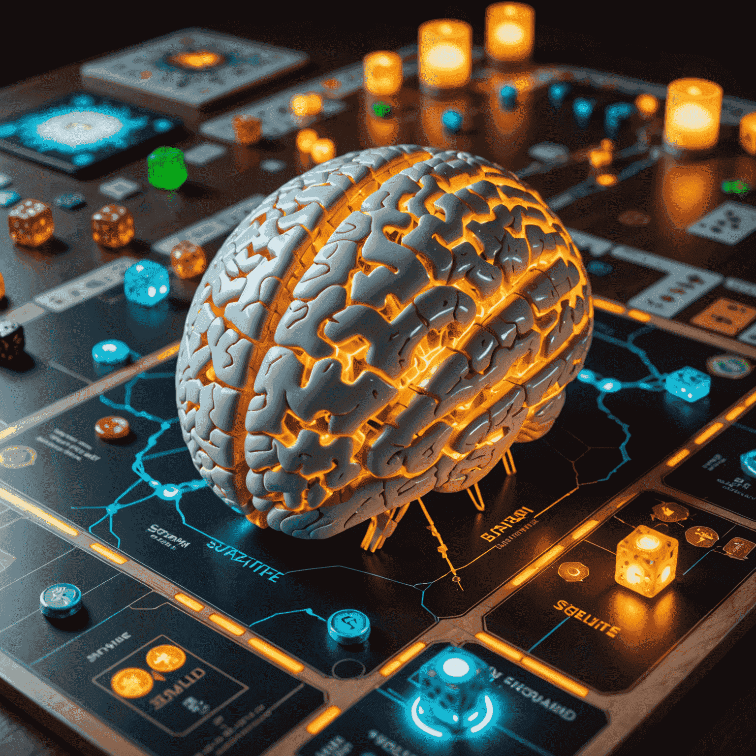 A split image showing a brain with lit-up areas on one side and various board game pieces on the other, connected by glowing synapses