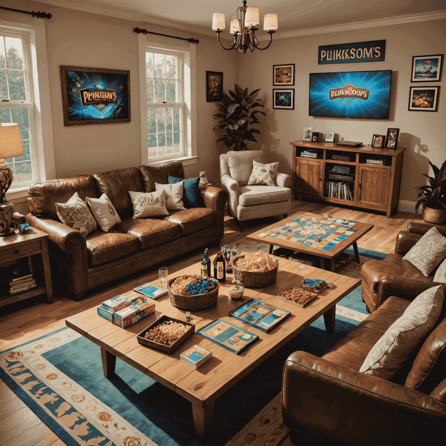 A stylized living room setup with a table full of board games, snacks, and drinks, with Plinkoogam's logo prominently displayed