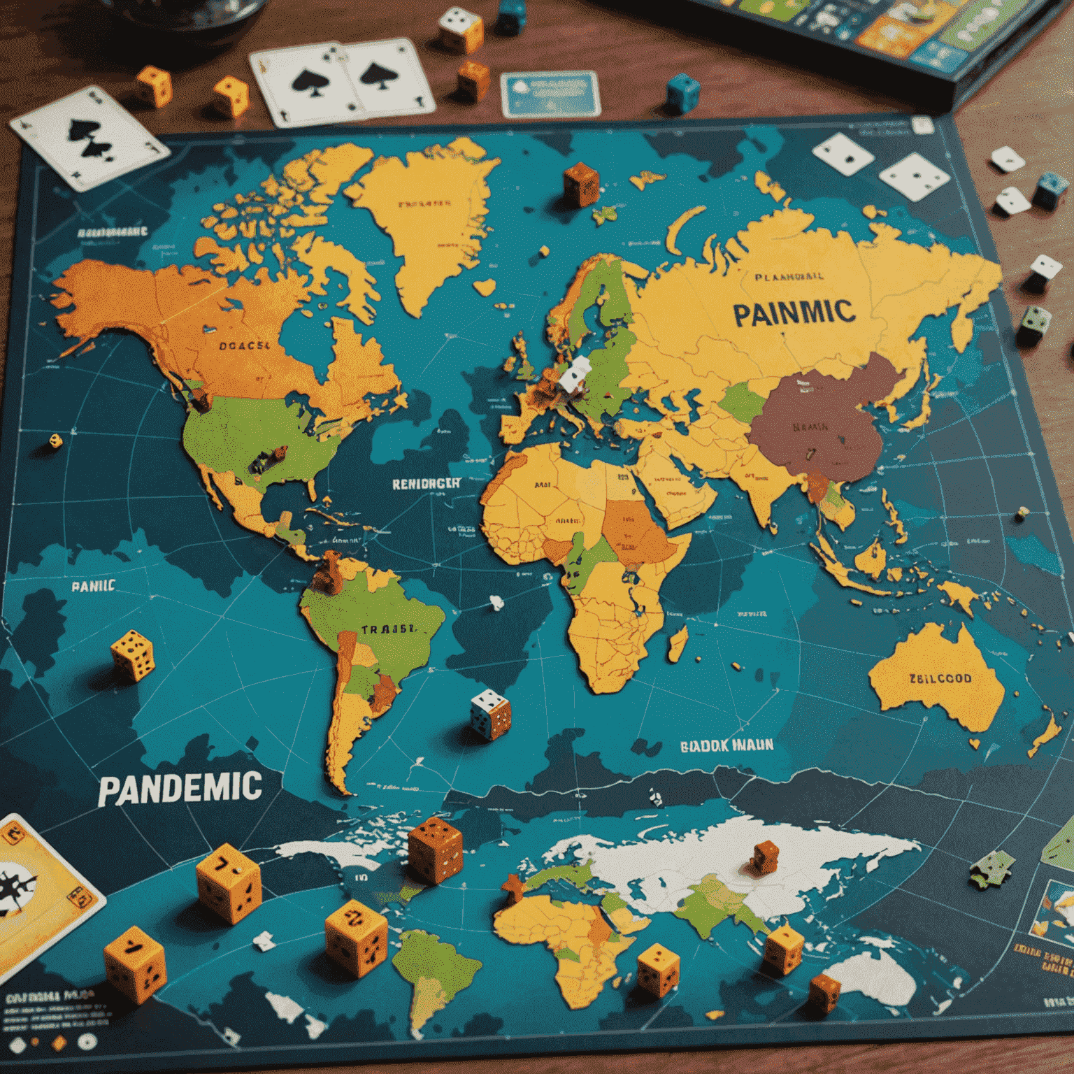 Pandemic game board showing a world map with disease cubes, player pawns, and cards