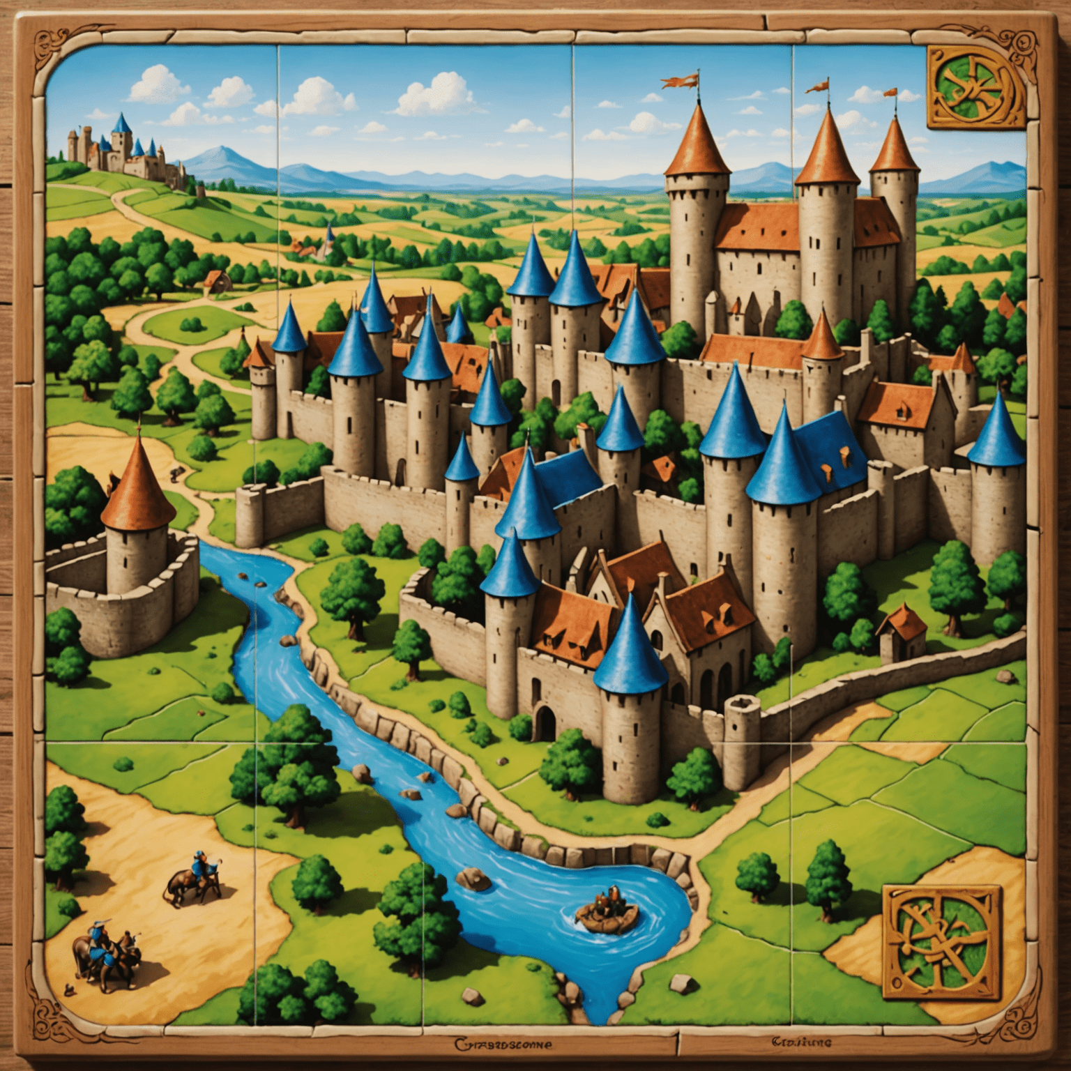 Carcassonne game in progress with tile placement forming a medieval landscape