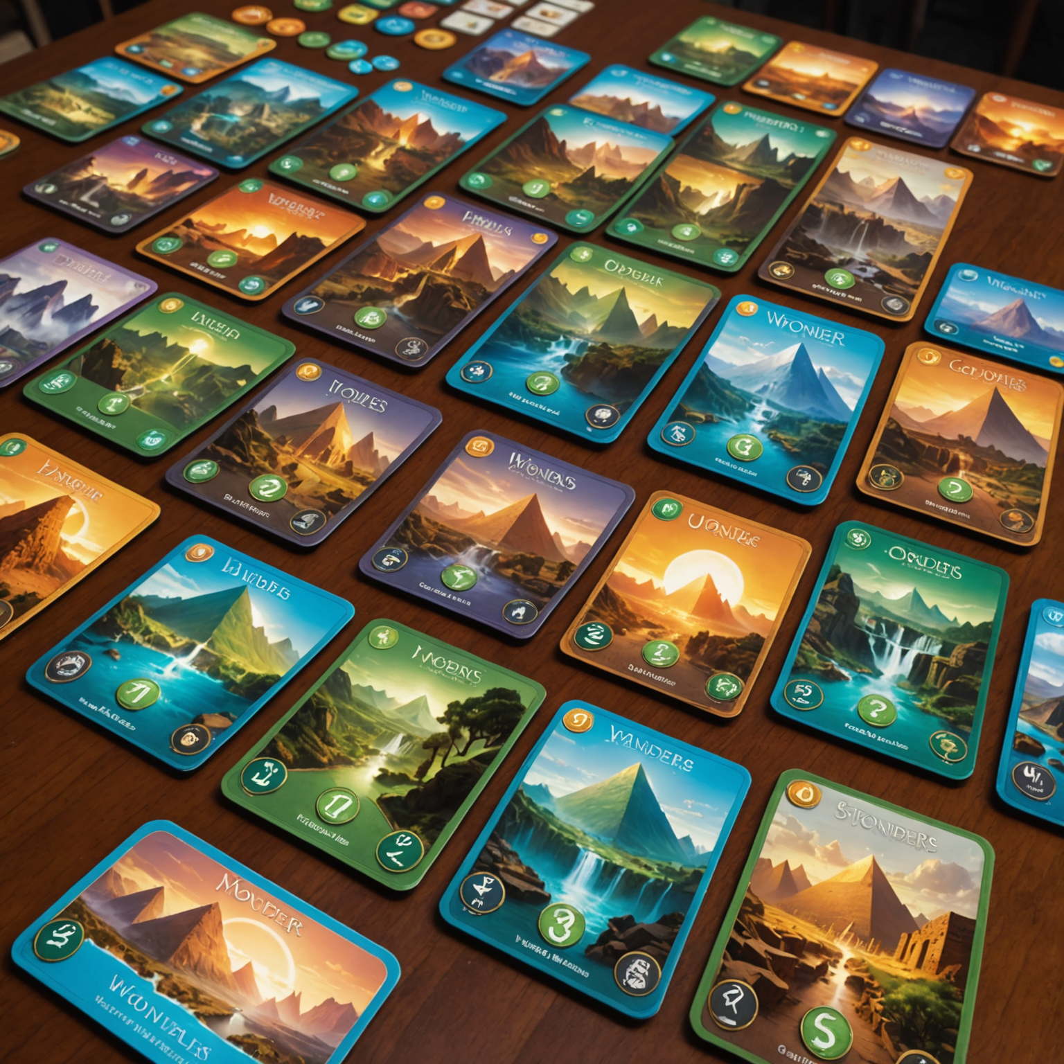 7 Wonders game with wonder boards, cards, and resource tokens