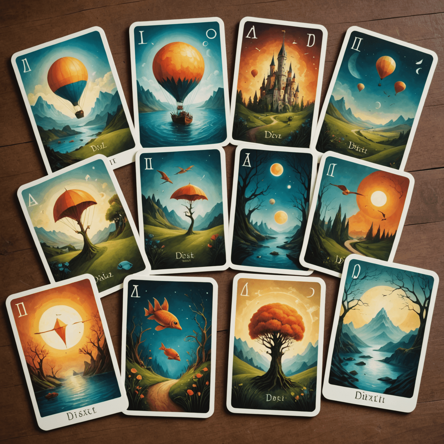 Dixit cards with whimsical and surreal artwork displayed