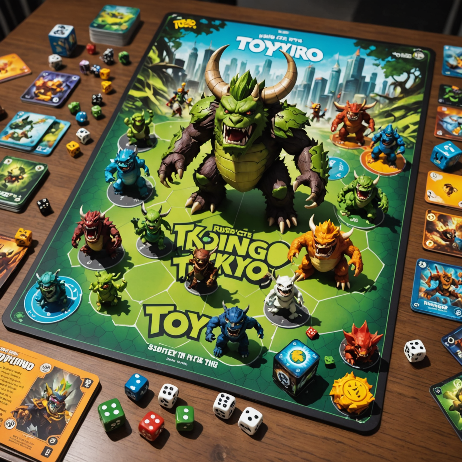 King of Tokyo game board with monster figures, dice, and cards